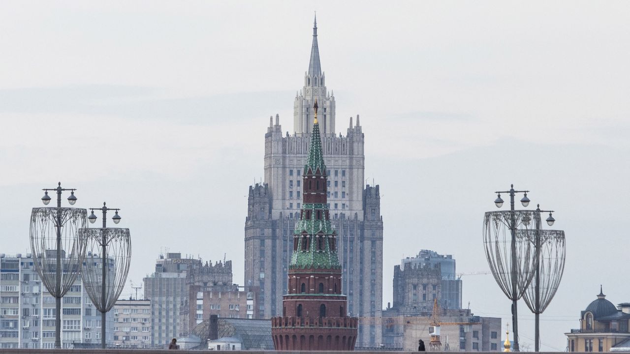 The Russian Foreign Ministry headquarters next to a tower of the Kremlin in Moscow in 2023.