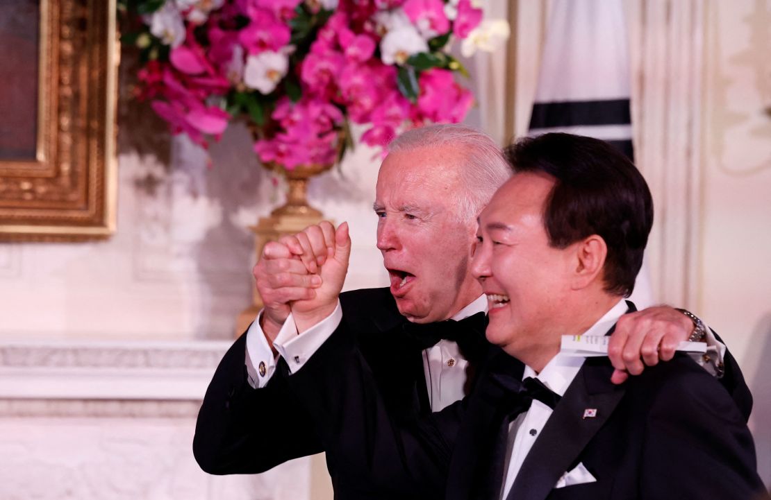 President Joe Biden hosts his South Korean counterpart for a state dinner at the White House during Yoon Suk Yeol’s April 2023 visit to the US.