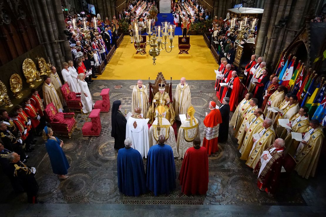 King Charles during his coronation ceremony in Westminster Abbey.