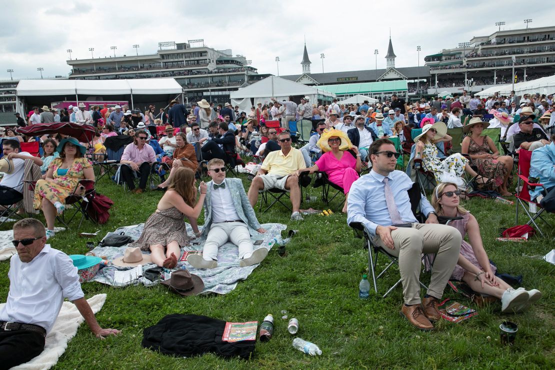 Fans watch the race on a screen in the field on the day of the 149th Derby on May 6, 2023. About 150,000 people went to see last year's Derby.
