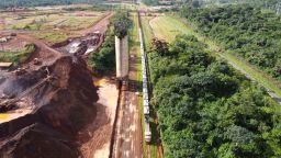 A view of a train loaded with iron ore at the ArcelorMittal iron ore mine in Mount Nimba, Liberia, on June 11, 2021.