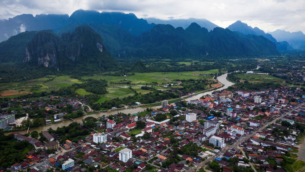 A general view of Vang Vieng and the surrounding landscape in Laos, on July 18, 2022.