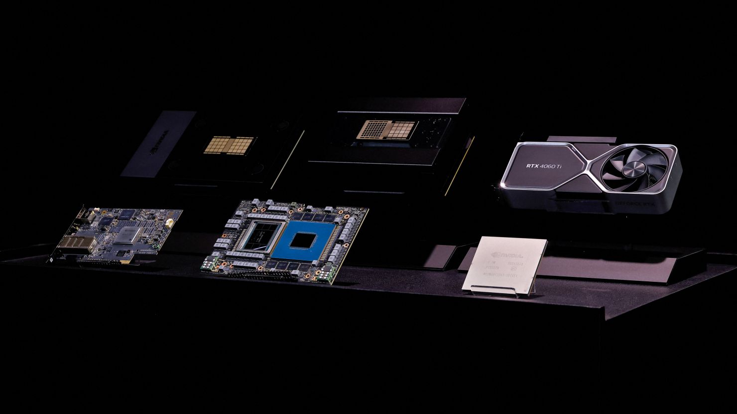 Nvidia processor and superchips on display on stage at the COMPUTEX forum in Taipei, Taiwan May 29, 2023. Nvidia's sales continue to rise thanks to demand for its AI chips.