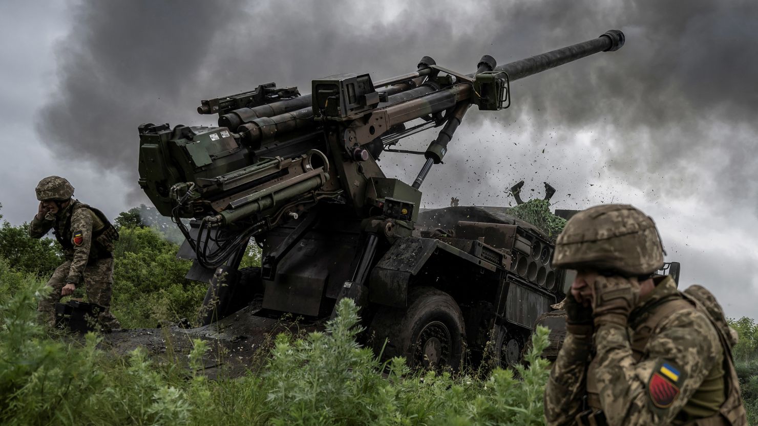Ukrainian servicemen fire a Caesar self-propelled howitzer towards Russian troops, near the town of Avdiivka in Donetsk region, Ukraine on May 31, 2023.