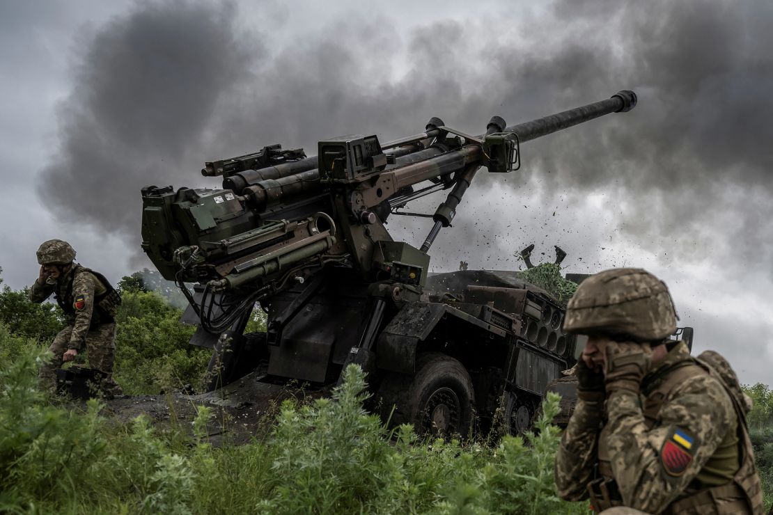 Ukrainian servicemen fire a Caesar self-propelled howitzer towards Russian troops, near the town of Avdiivka in Donetsk region, Ukraine on May 31, 2023.