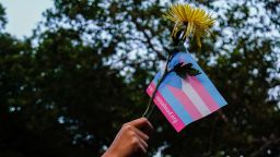 In this May 2023 photo, a person holds a transgender pride flag and a flower during a Black Trans Liberation protest in New York.