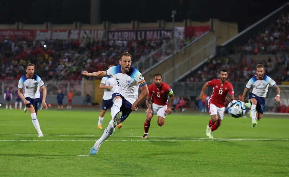 England captain Harry Kane takes a penalty against Malta last year.