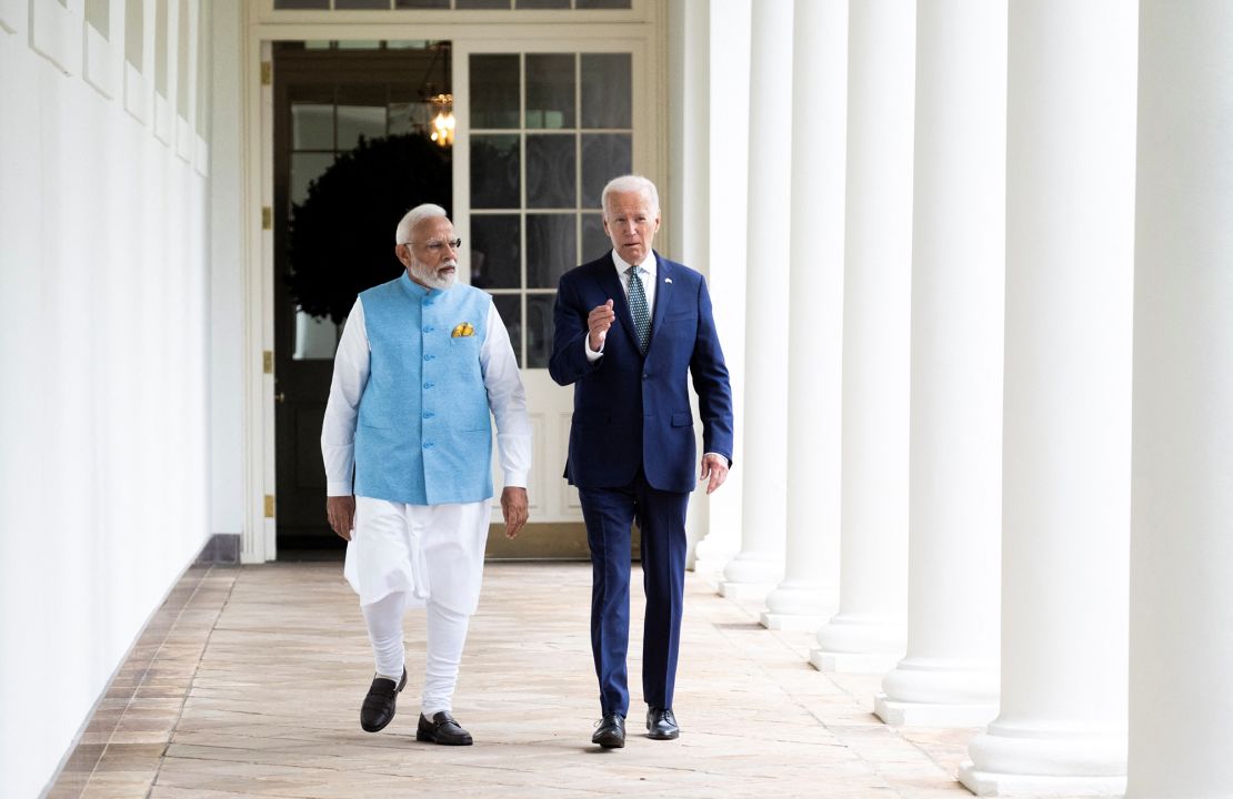 Modi walks with US President Joe Biden along the White House colonnade during his state visit to the US last year.