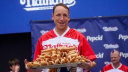 World Champion Joey Chestnut during the weigh-in ceremony ahead of  2023 Nathan's Famous Fourth of July International Hot Dog Eating Contest in Coney Island Brooklyn in New York City, U.S., July 3, 2023.   REUTERS/Brendan McDermid    