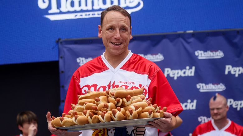 World Champion Joey Chestnut during the weigh-in ceremony ahead of  2023 Nathan's Famous Fourth of July International Hot Dog Eating Contest in Coney Island Brooklyn in New York City, U.S., July 3, 2023.   REUTERS/Brendan McDermid    