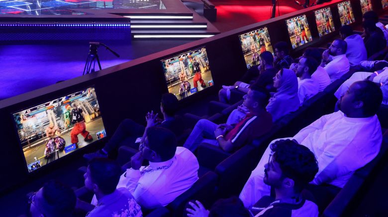 Spectators watch video games as gamers from different countries play during an esports and gaming festival Gamers8 at Boulevard Riyadh, Saudi Arabia, July 9, 2023.