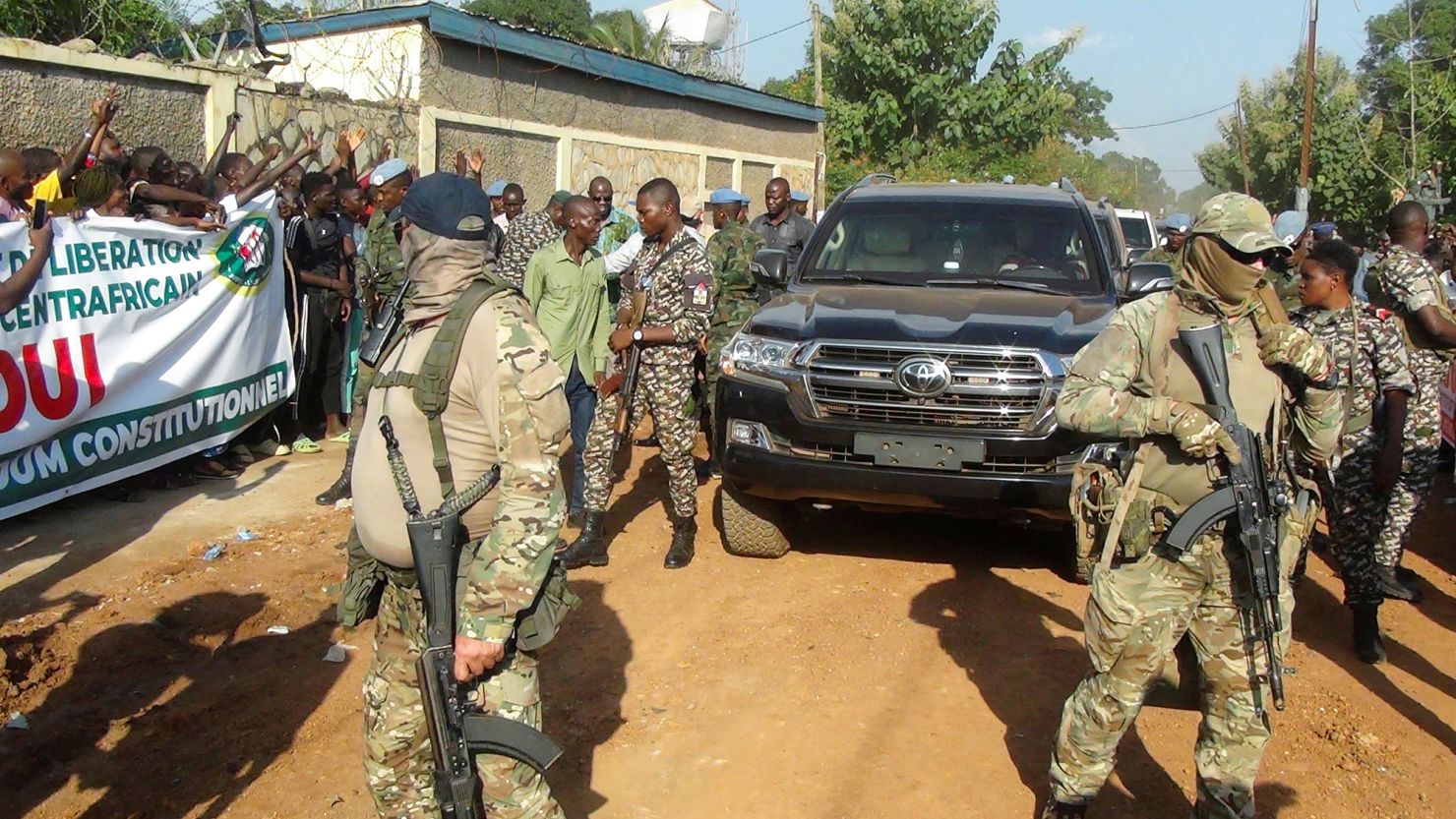 Russian officers from the Wagner group are seen around Central African Republic President Faustin-Archange Touadéra in Bangui, on July 17, 2023, as they are part of the presidential security system.