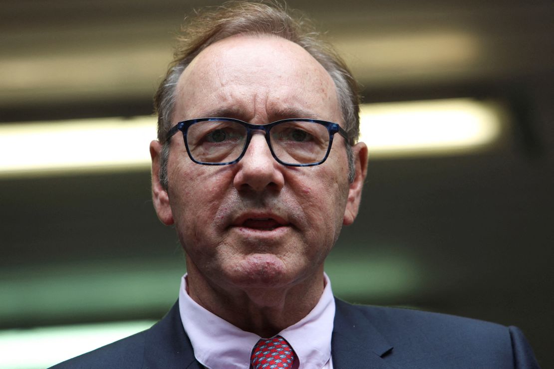 Actor Kevin Spacey stands outside Southwark Crown Court in London after he was found not guilty on charges related to allegations of sexual offenses on July 26, 2023.