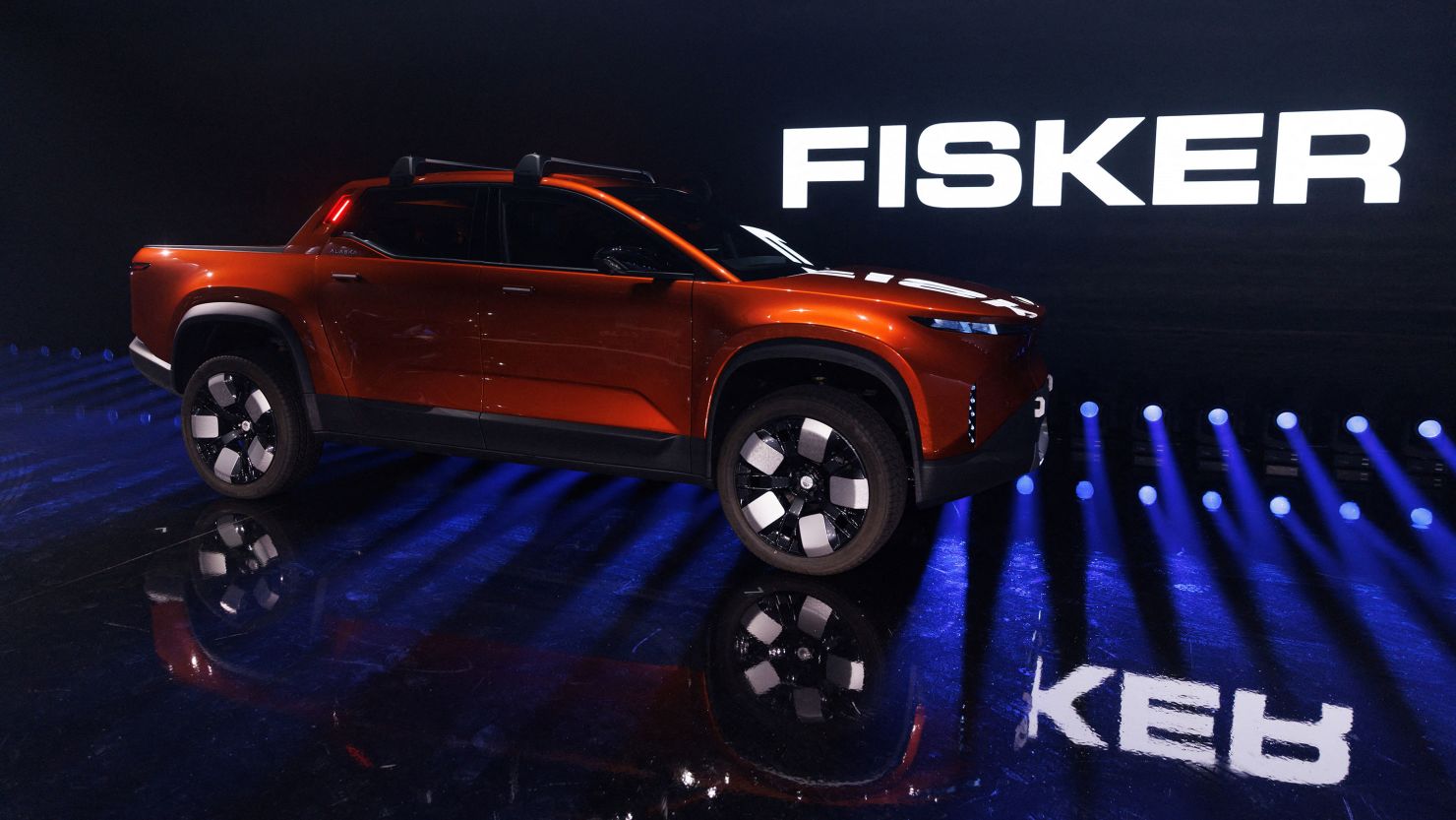 Electric car company Fisker shows off its Alaska pickup truck in Huntington Beach, California, August 3, 2023.