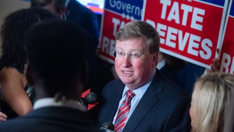 Mississippi Gov. Tate Reeves addresses reporters during his Republican primary watch party in Jackson on August 8, 2023.