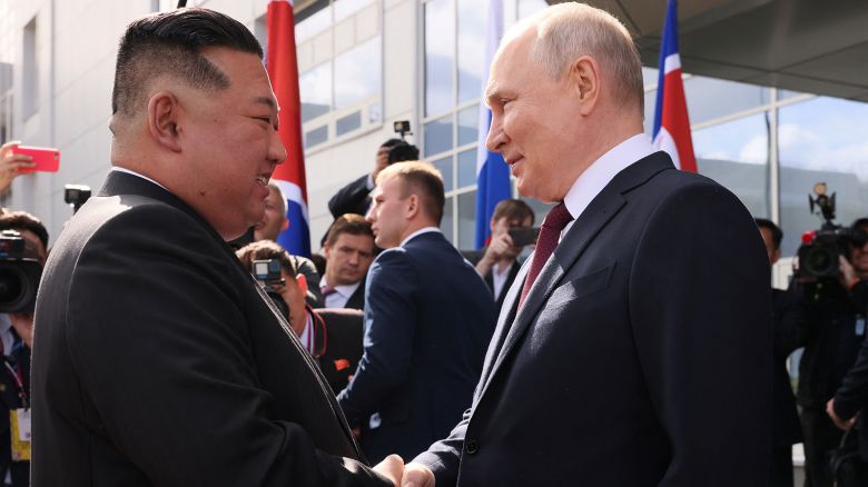 Russia's President Vladimir Putin shakes hands with North Korea's leader Kim Jong Un during a meeting at the Vostochny Сosmodrome in the far eastern Amur region, Russia, September 13, 2023.