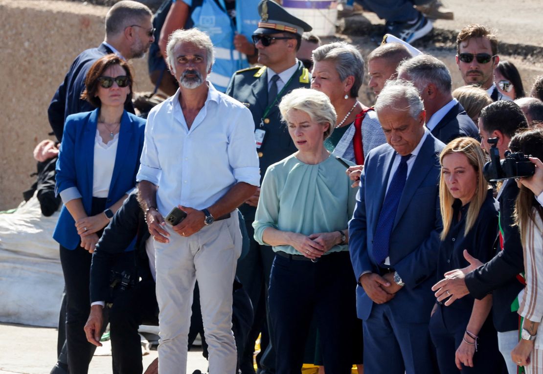 European Commission President Ursula von der Leyen and Italian Prime Minister Giorgia Meloni visit the port where migrants arrive, on the Sicilian island of Lampedusa in September 2023.