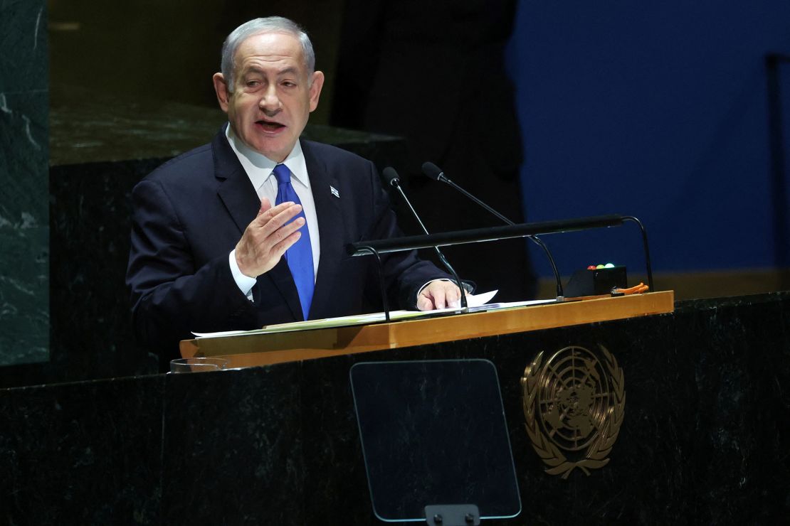 Prime Minister of Israel Benjamin Netanyahu addresses the 78th United Nations General Assembly at U.N. headquarters in New York City in 2023.