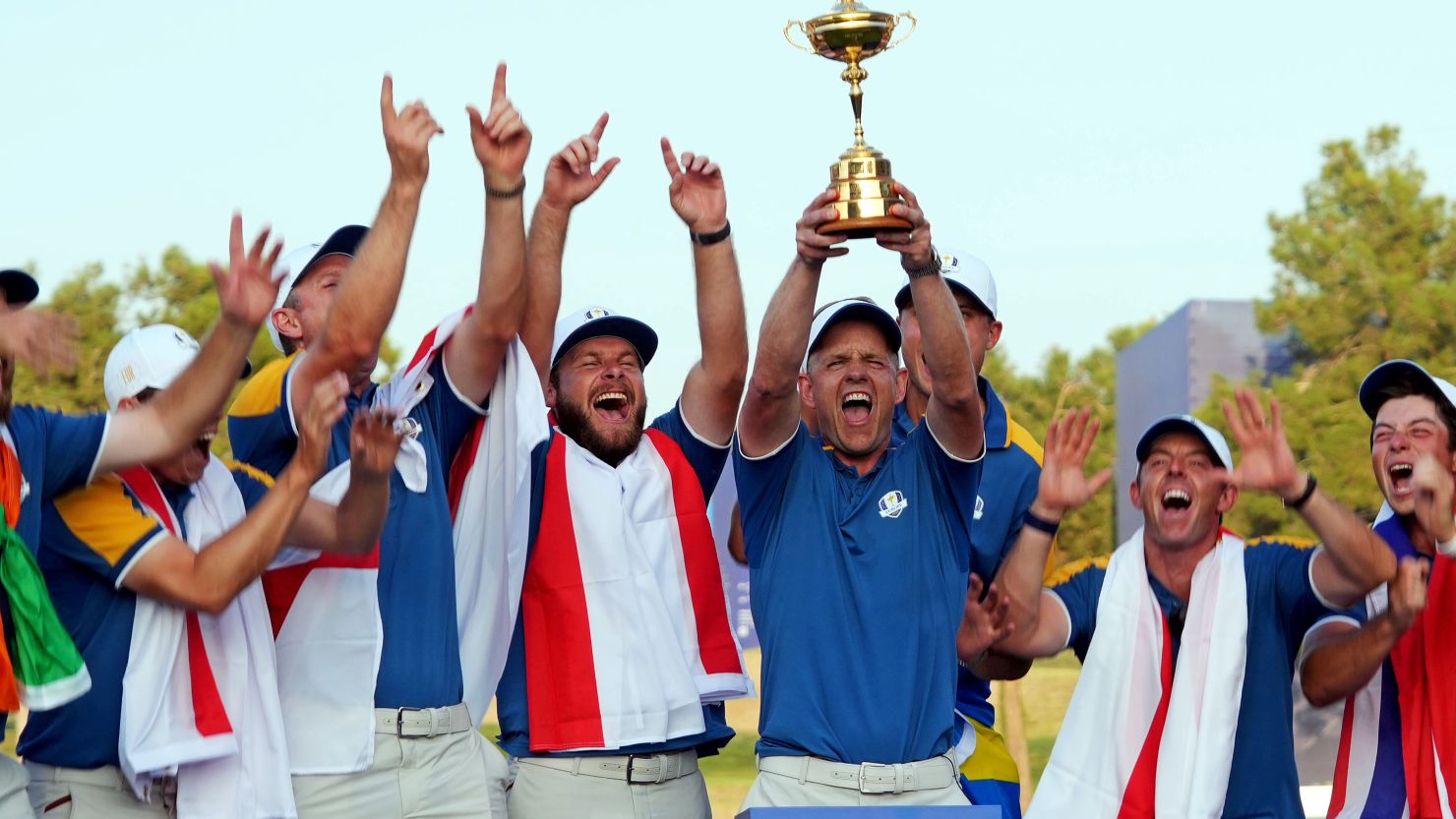 Oct 1, 2023; Rome, ITA; Team Europe captain Luke Donald and Team Europe celebrates with the Ryder Cup after beating Team USA during the final day of the 44th Ryder Cup golf competition at Marco Simone Golf and Country Club. Mandatory Credit: Kyle Terada-USA TODAY Sports