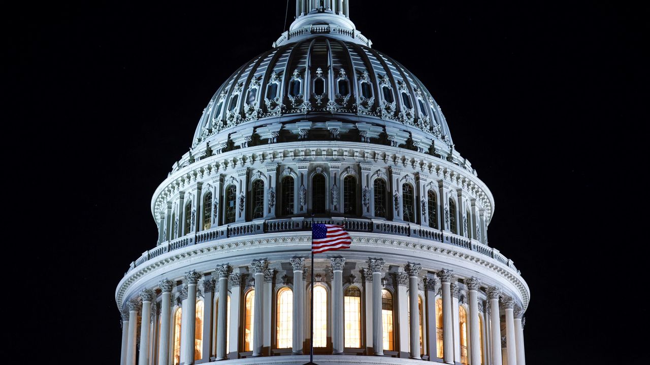 The U.S. Capitol is seen on the night of October 9, 2023.