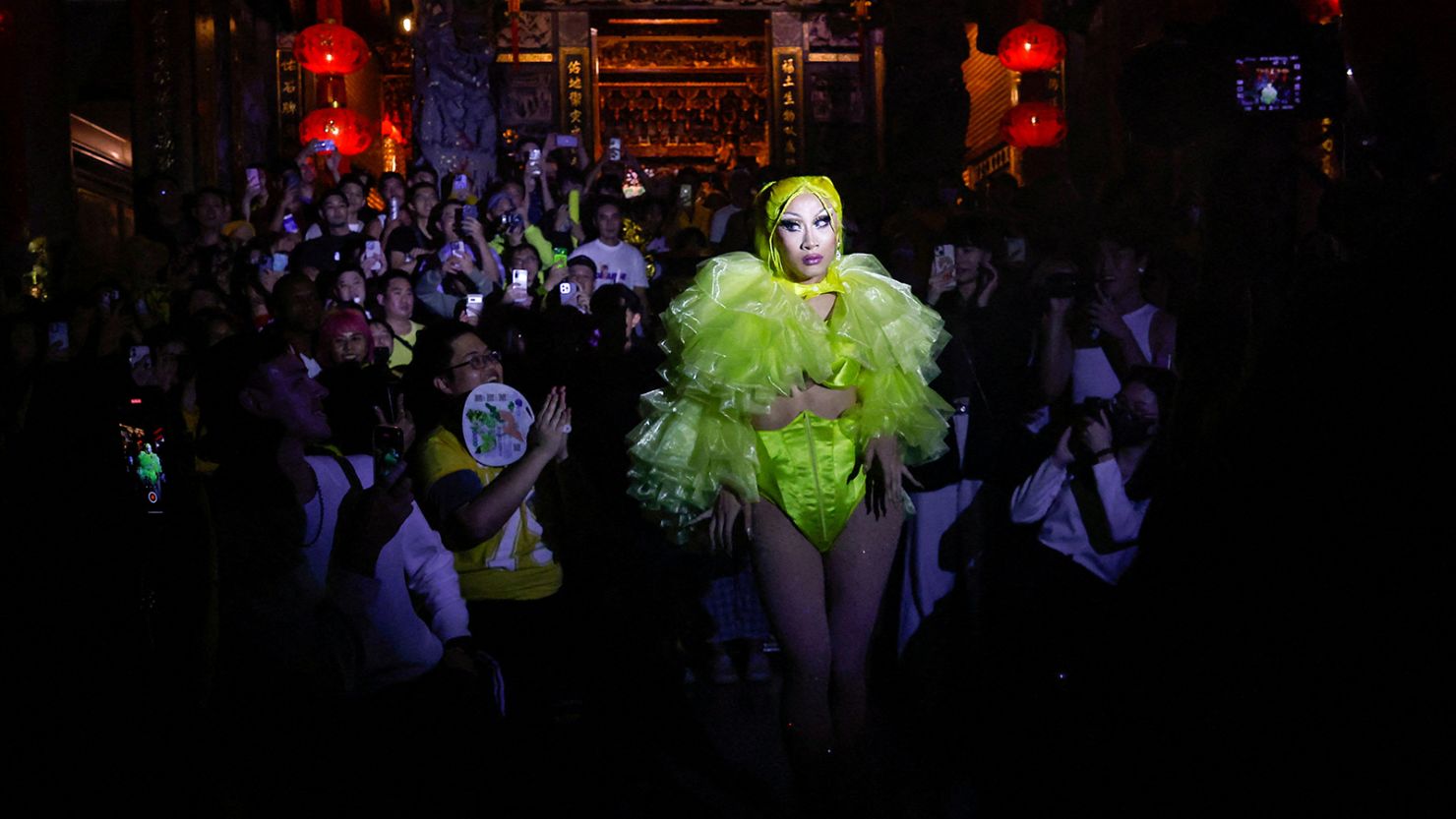 Nymphia Wind performs at a temple ahead of the annual pride parade in Taipei on October 21, 2023.