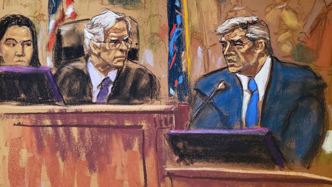 In this courtroom sketch, former President Donald Trump is questioned by Judge Arthur F. Engoron before being fined $10,000 for violating a gag order for a second time, during the Trump Organization civil fraud trial in New York State Supreme Court in the Manhattan borough of New York City, U.S., October 25, 2023