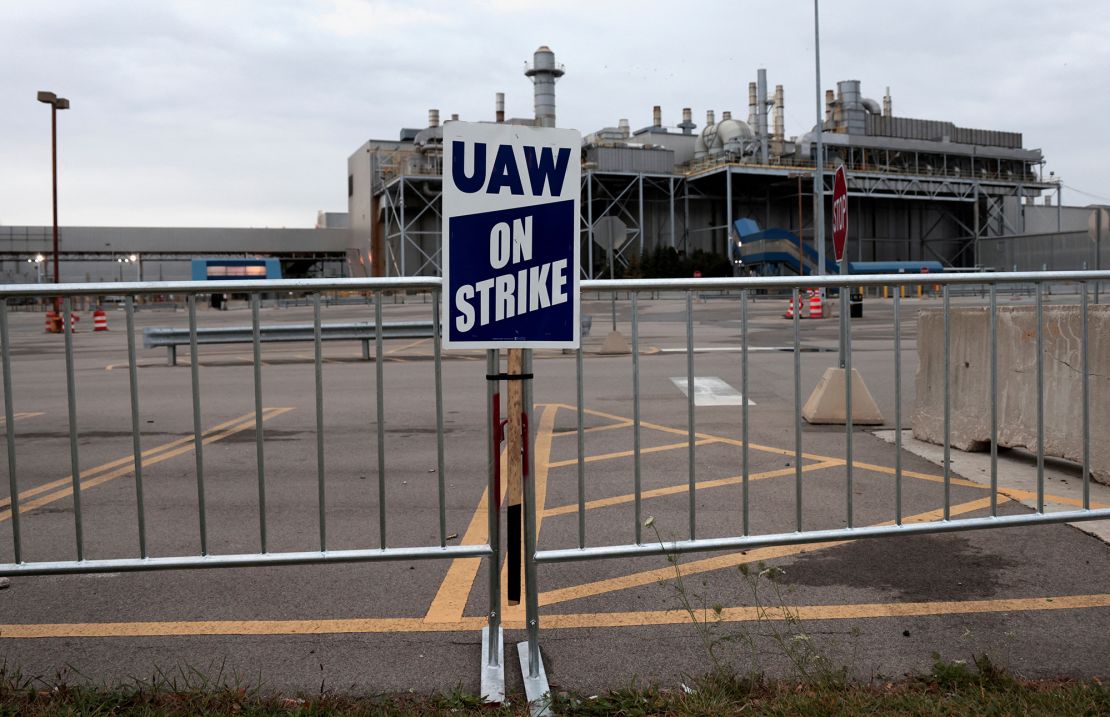 A United Auto Workers On Strike sign is seen outside the Ford Michigan Assembly Plant in Wayne, Michigan, on October 25, 2023.