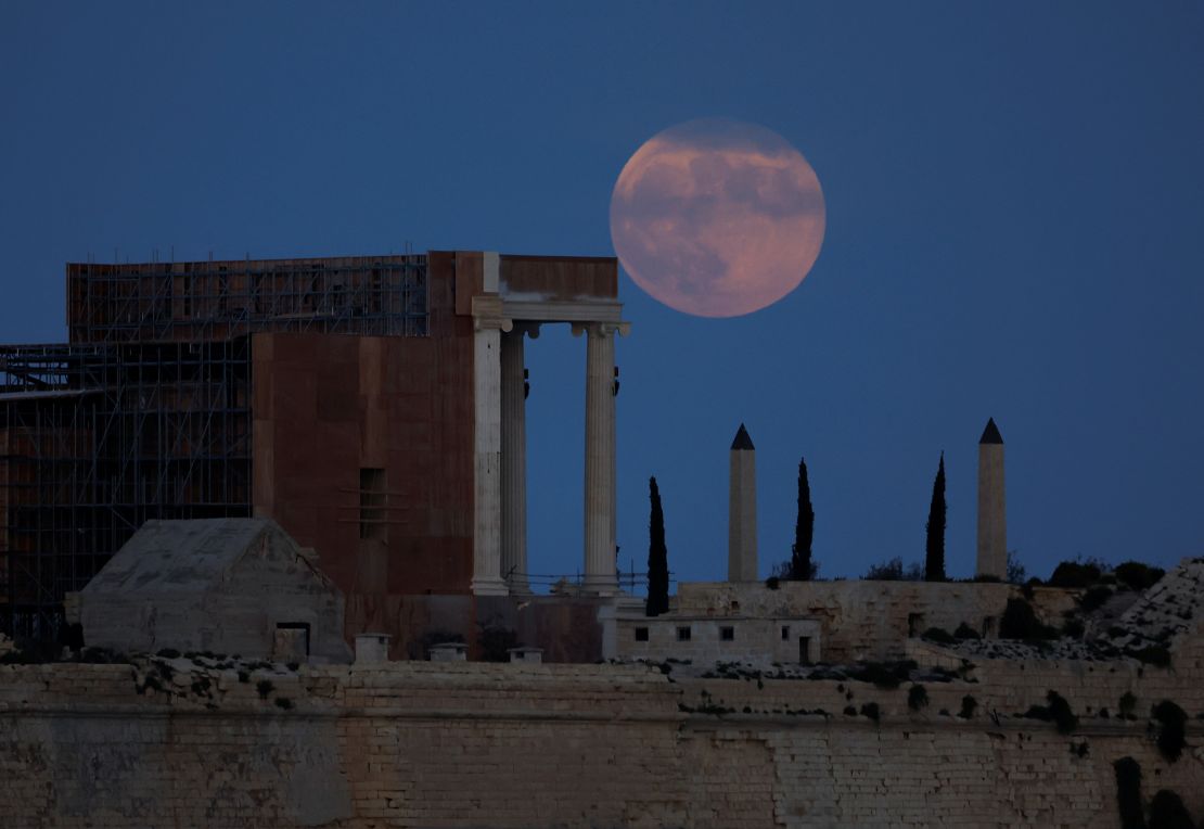 A hunter's moon rises behind the set for director Ridley Scott's upcoming film, "Gladiator II," at Fort Ricasoli in Kalkara, Malta, at the entrance to Valletta's Grand Harbour in October 2023.