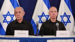 Israeli prime minister Benjamin Netanyahu and defense minister Yoav Gallant during a press conference in the Kirya military base in Tel Aviv, Israel, 28 October 2023.