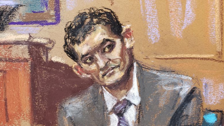 FTX founder Sam Bankman-Fried is questioned by prosecutor Danielle Sassoon (not seen) during his fraud trial over the collapse of the bankrupt cryptocurrency exchange at federal court in New York City, U.S., October 31, 2023 in this courtroom sketch.