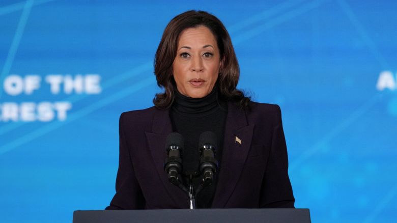U.S. Vice President Kamala Harris speaks about Artificial Intelligence during a press conference on the first day of the AI Safety Summit 2023, in London, Britain, November 1, 2023.
