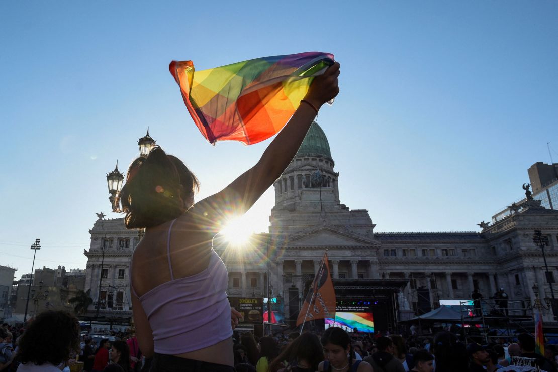 People take part in the LGBTQ Pride Parade in front of the Congress building in Buenos Aires, Argentina, on November 4, 2023.