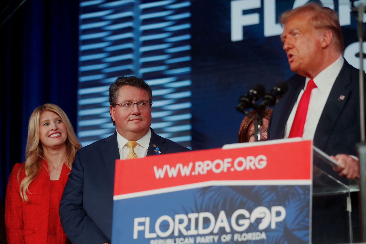 Then-Florida State House Rep. Randy Fine listens to Donald Trump speak to supporters at the Florida Freedom Summit in Kissimmee, Florida, in 2023.