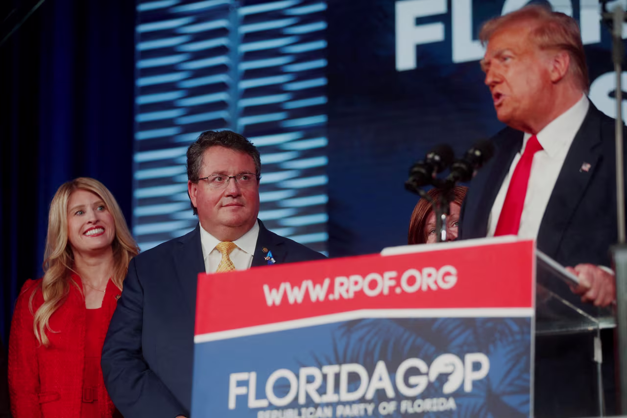 Then-Florida State House Rep. Randy Fine listens to Donald Trump speak to supporters at the Florida Freedom Summit in Kissimmee, Florida, in 2023.