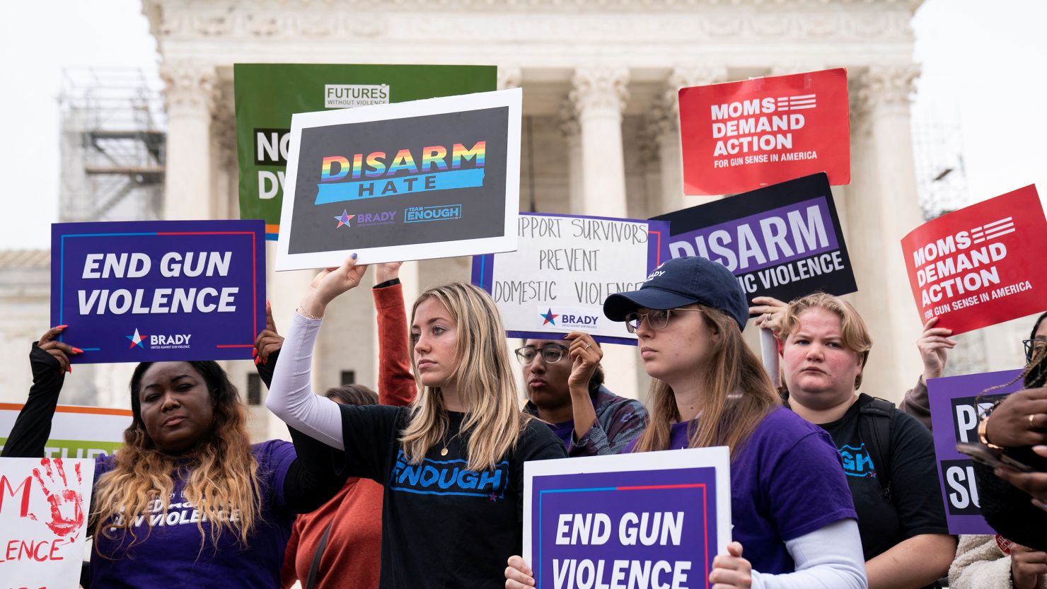 People participate in a demonstration as the US Supreme Court considers legality of domestic-violence gun curbs at the Supreme Court in Washington, D.C., U.S., November 7, 2023. REUTERS/Sarah Silbiger