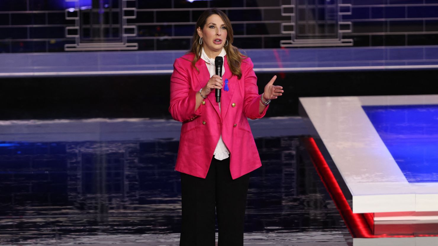 Ronna McDaniel speaks to the audience at the third Republican candidates' US presidential debate of the 2024 US presidential campaign hosted by NBC News at the Adrienne Arsht Center for the Performing Arts in Miami, Florida, US, November 8, 2023.