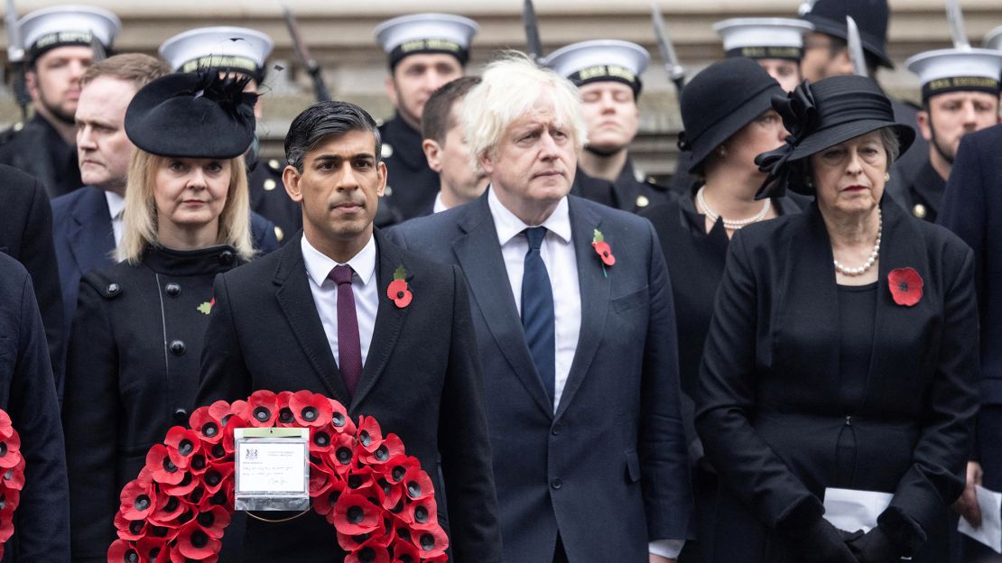 The UK has had a swift turnaround of Conservative prime ministers in recent years, including, from left to right: Liz Truss, Rishi Sunak, Boris Johnson and Theresa May, all pictured at the National Service of Remembrance in London, in November last year.