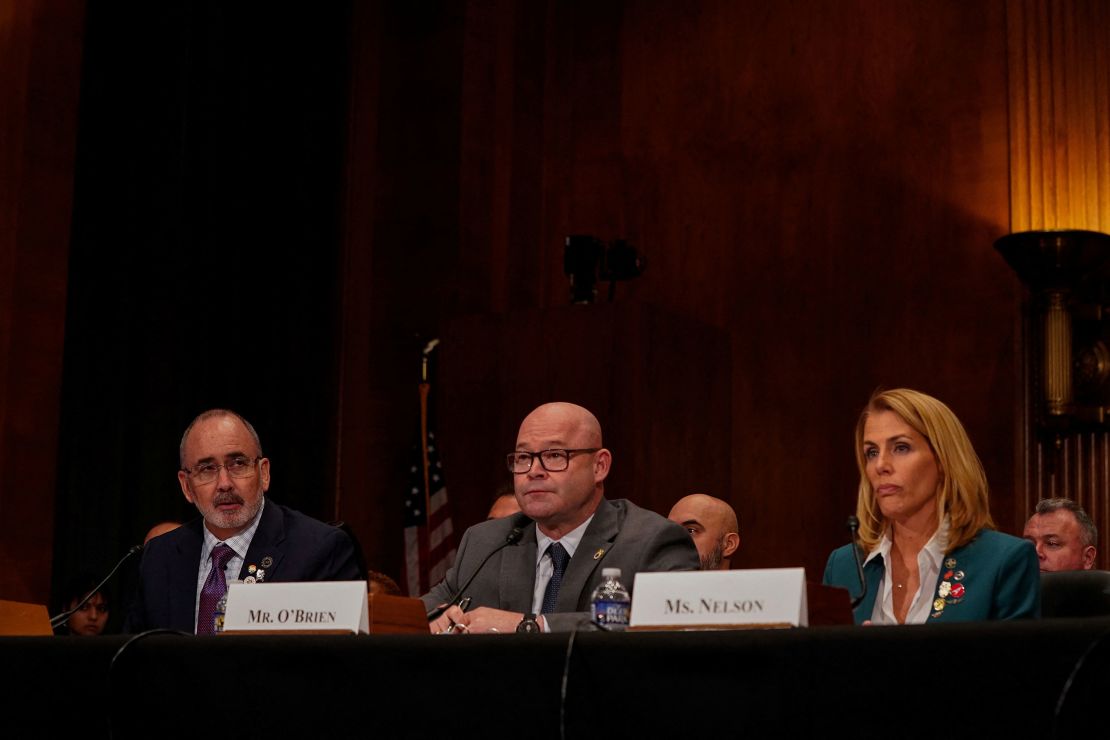 From left, UAW leader Shawn Fain, Teamsters chief Sean O'Brien and Sara Nelson, head of the flight attendants union, are seen during a Senate hearing on Capitol Hill in Washington, DC, on November 14, 2023.