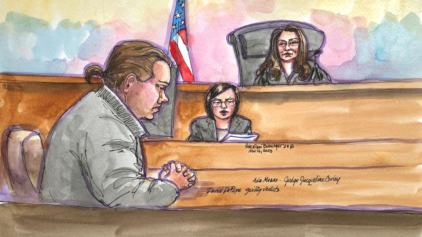 David DePape is seen in a courtroom sketch in San Francisco on November 16, 2023.