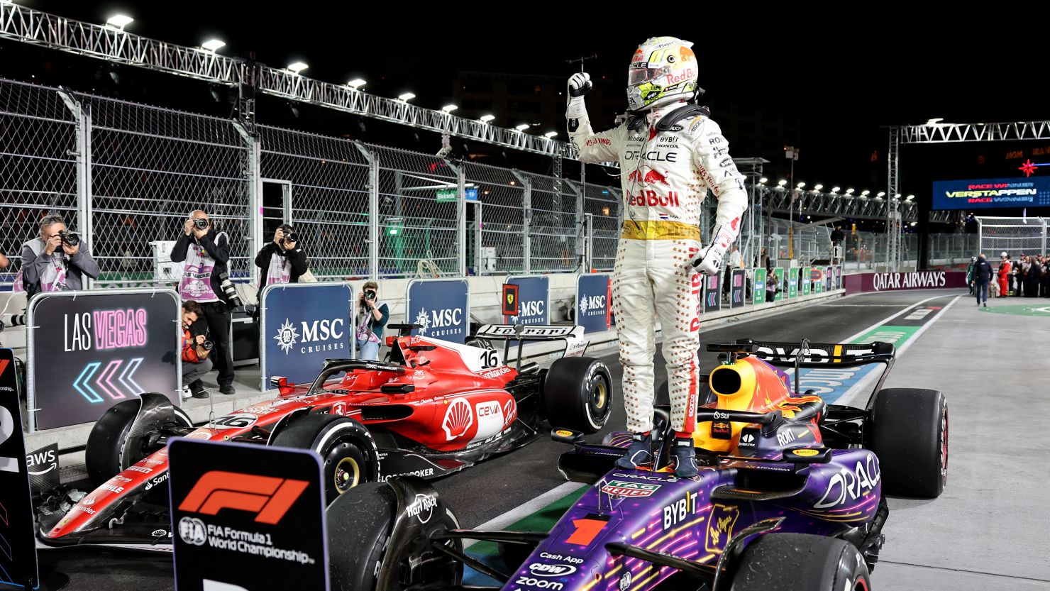 Max Verstappen celebrates winning his 18th race of the season.