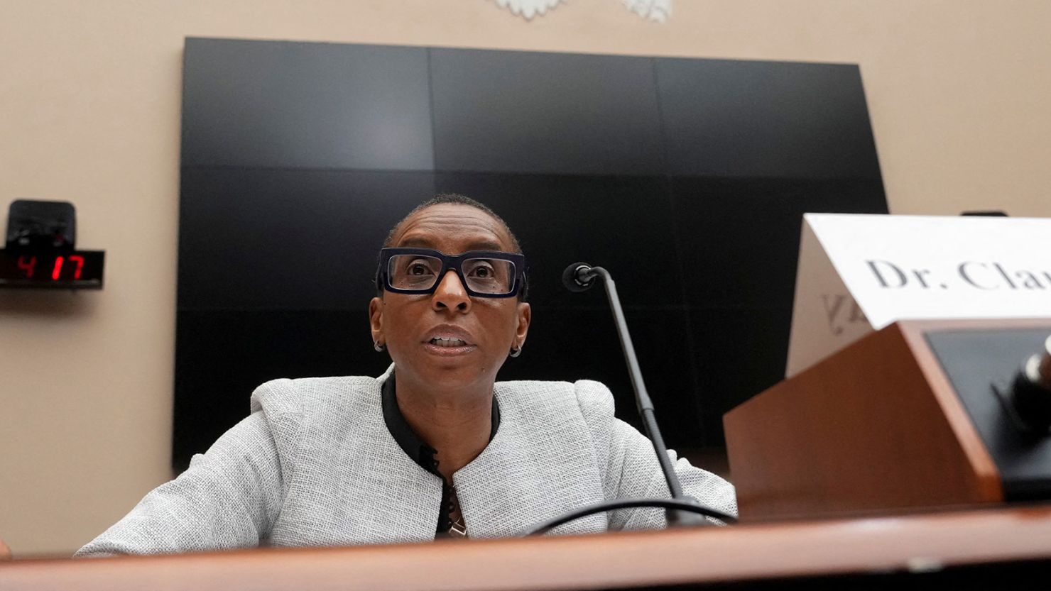 Harvard University President Claudine Gay delivers an opening statement as she attends a House hearing on Capitol Hill in Washington, DC, on December 5. 