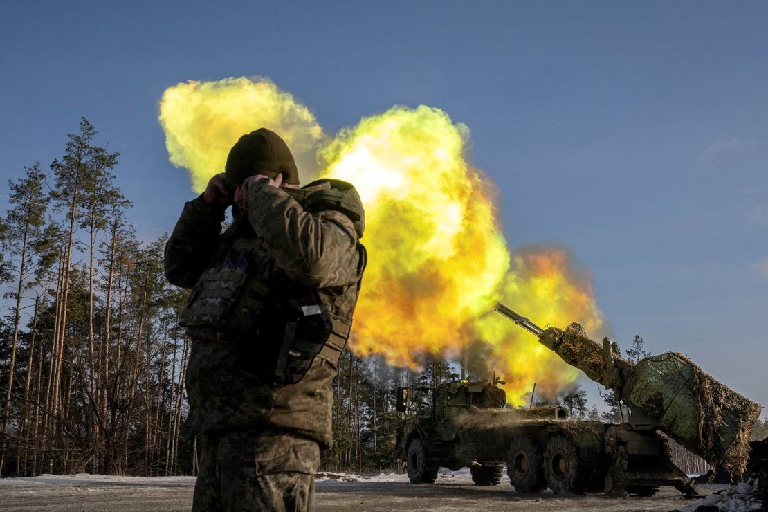 A Ukrainian serviceman fires a Swedish-made howitzer at Russian positions in the Donetsk region, in December.
