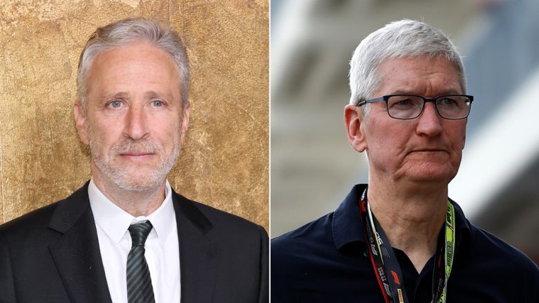 Left: Jon Stewart; right: Tim Cook.