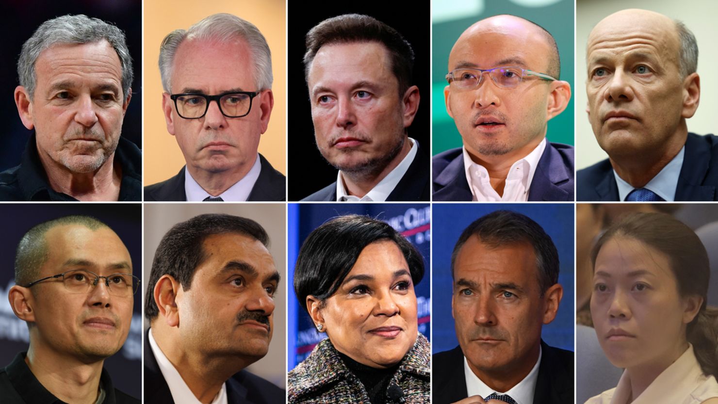 From top, clockwise: Disney CEO Bob Iger, Credit Suisse CEO Ulrich Körner, Tesla, SpaceX CEO, and X (formerly Twitter) owner and former CEO Elon Musk, China Renaissance CEO Bao Fan, Silicon Valley Bank CEO Greg Becker, Country Garden CEO Yang Huiyan, BP CEO Bernard Looney, Walgreens Boots Alliance CEO Rosalind Brewer, Adani Group CEO Gautam Adani, Binance CEO Changpeng Zhao.