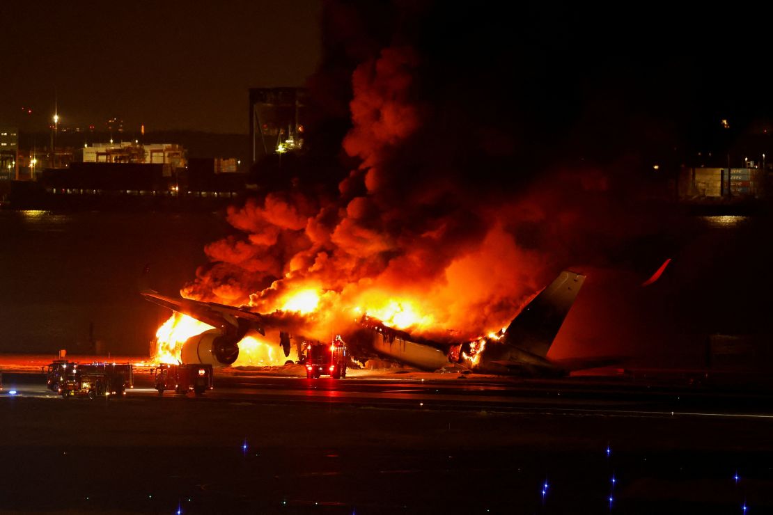 Japan Airlines' A350 airplane is on fire at Haneda international airport in Tokyo, Japan January 2, 2024.