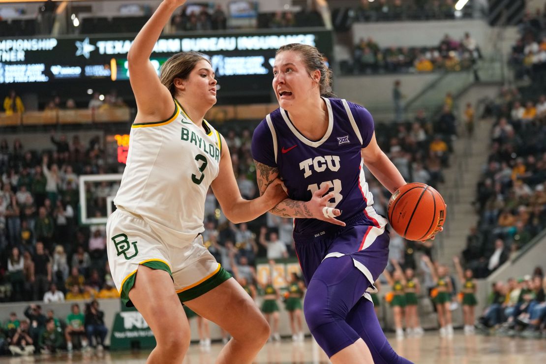Sedona Prince (right) drives to the basket during the TCU Horned Frogs' game against the Baylor Lady Bears.