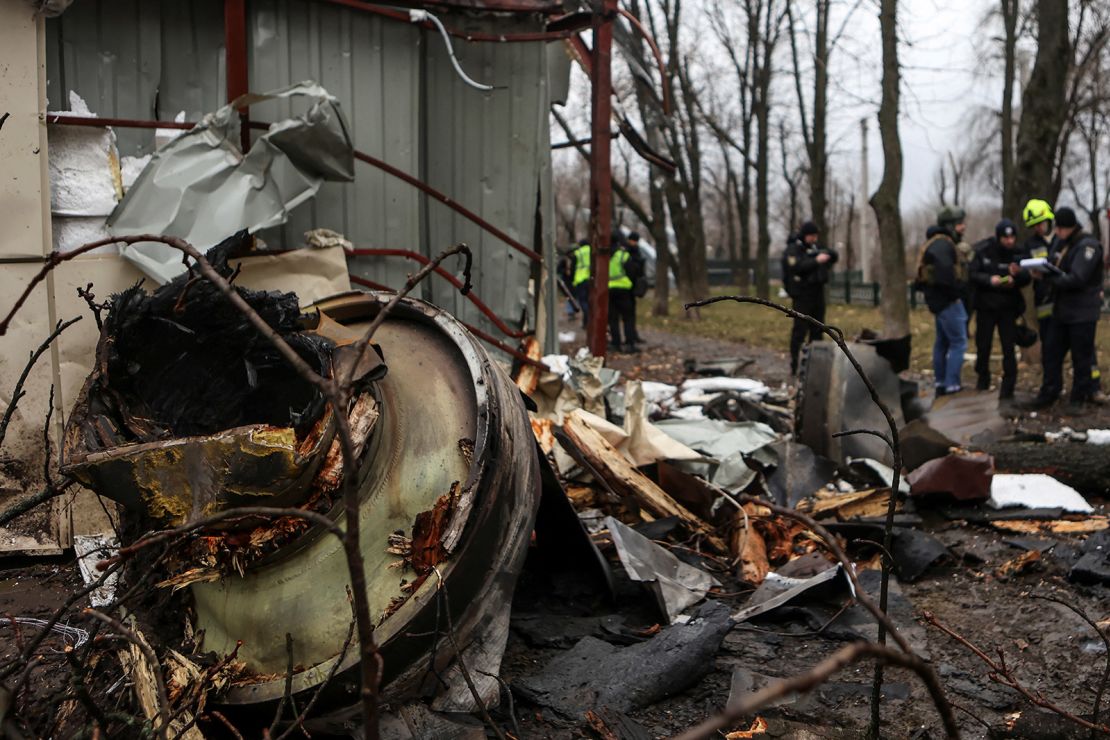 The remains of an unidentified missile, which Ukrainian authorities claimed to be made in North Korea, is seen at a site of a Russian strike in Kharkiv, Ukraine on January 2.