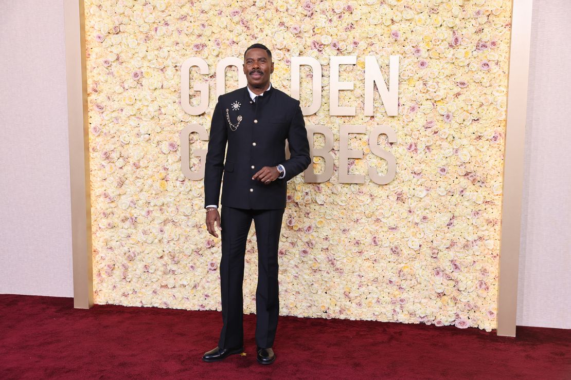 Nominated for his role in “Rustin,” Colman Domingo wore a black mandarin collar custom Louis Vuitton jacket with pearl buttons, tuxedo flared pants, black loafers and two golden brooches.