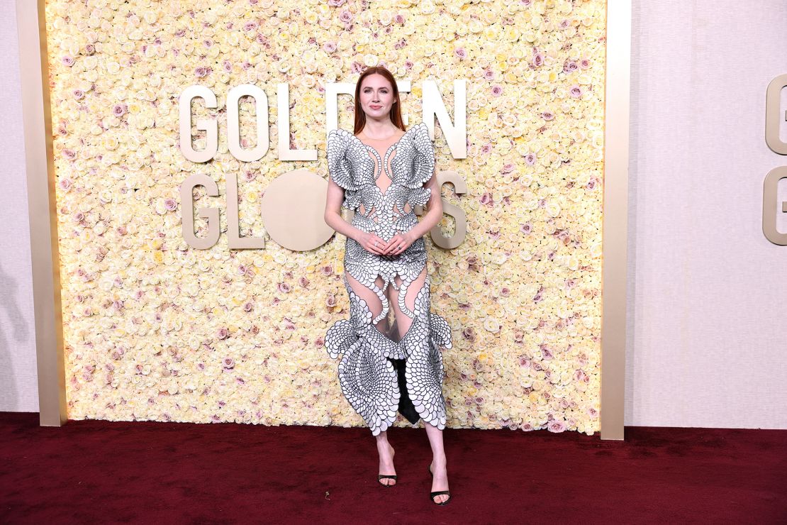 Karen Gillan looked futuristic in a serpentine Iris van Herpen cut-out dress.