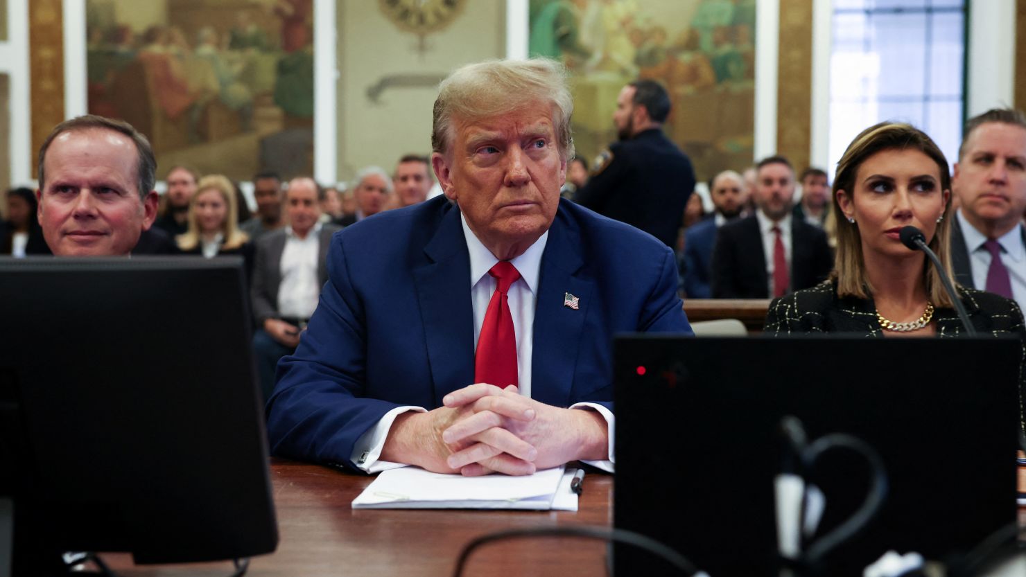 Former President Donald Trump, with lawyers Christopher Kise and Alina Habba, attends closing arguments in the Trump Organization civil fraud trial at New York State Supreme Court in Manhattan on January 11, 2024.
